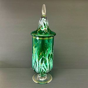 Vintage bohemian glass tall footed decanter with painted lily of the valleys
